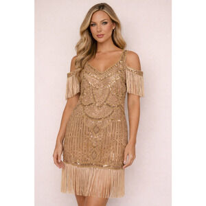 BABEYOND Gatsby Flapper 1920s Beaded Fringe Gold Ren Faire Size Medium